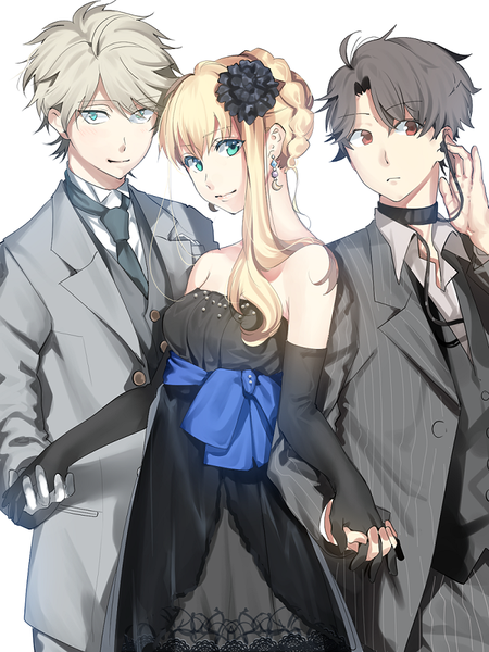 Anime picture 700x933 with aldnoah.zero a-1 pictures slaine troyard asseylum vers allusia kaizuka inaho kurumiya hato long hair tall image looking at viewer blush fringe short hair black hair blonde hair simple background smile hair between eyes standing white background bare shoulders