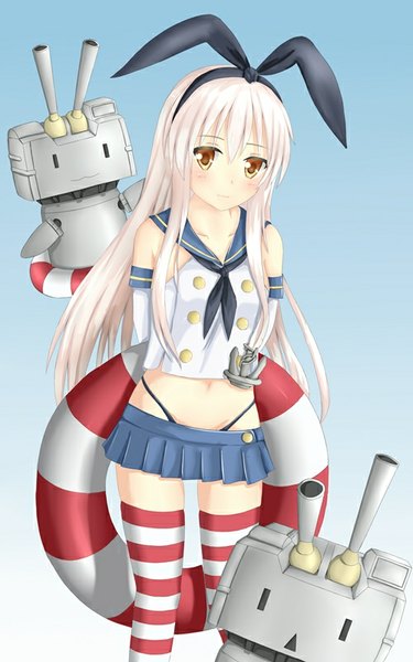 Anime picture 500x800 with kantai collection shimakaze destroyer rensouhou-chan tear yu single long hair tall image looking at viewer blush fringe light erotic simple background silver hair orange eyes blue background hands behind back girl thighhighs skirt underwear