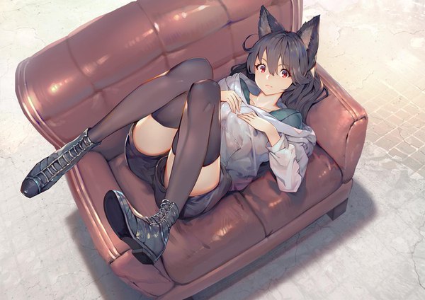 Anime picture 1443x1022 with touhou imaizumi kagerou onion (onion and pi-natto) single long hair looking at viewer fringe breasts black hair hair between eyes red eyes animal ears full body lying long sleeves from above off shoulder on back alternate costume wolf ears