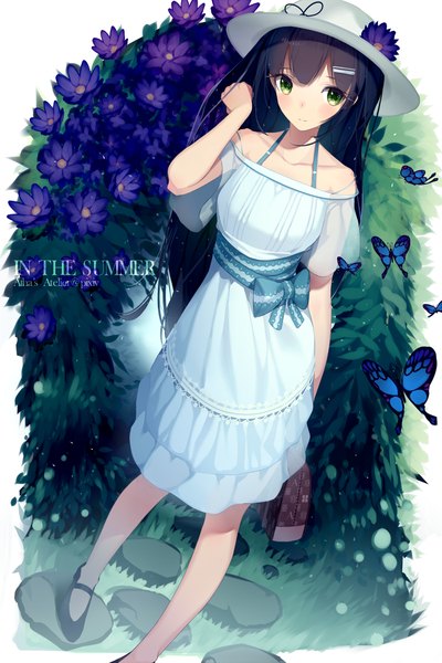 Anime picture 700x1050 with original atha (leejuiping) single long hair tall image looking at viewer blush fringe black hair standing holding green eyes inscription shadow text adjusting hair flying english girl hair ornament