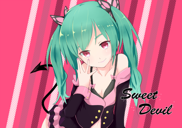 Anime picture 1250x883 with vocaloid sweet devil (vocaloid) hatsune miku rua (abcd29211) single long hair looking at viewer red eyes twintails bare shoulders tail aqua hair honey whip (module) girl hair ornament butterfly hair ornament