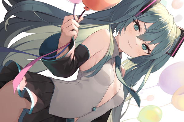 Anime picture 2000x1323 with vocaloid hatsune miku kurige horse single long hair looking at viewer fringe highres light erotic smile hair between eyes cleavage aqua eyes aqua hair dutch angle girl detached sleeves necktie balloon