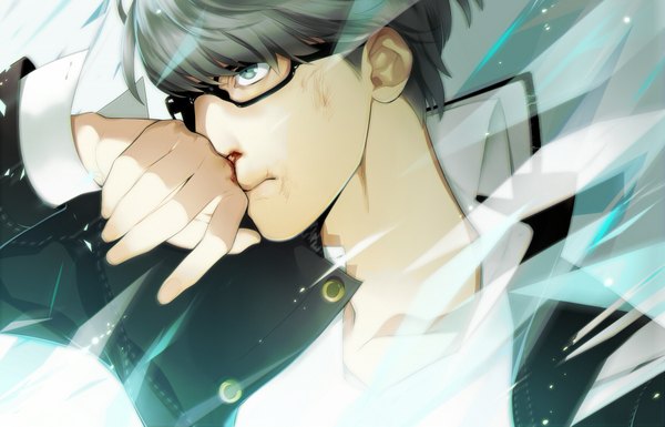 Anime picture 1840x1182 with persona 4 persona narukami yuu johnny lmd single highres short hair looking away wind grey hair grey eyes open collar hand on face nosebleed boy shirt glasses blood