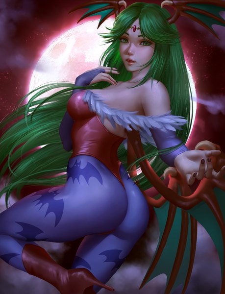 Anime picture 1653x2160 with vampire / darkstalkers (game) kid icarus nintendo capcom lilith aensland palutena logan cure single long hair tall image looking at viewer fringe breasts light erotic green eyes sky ass nail polish parted lips green hair