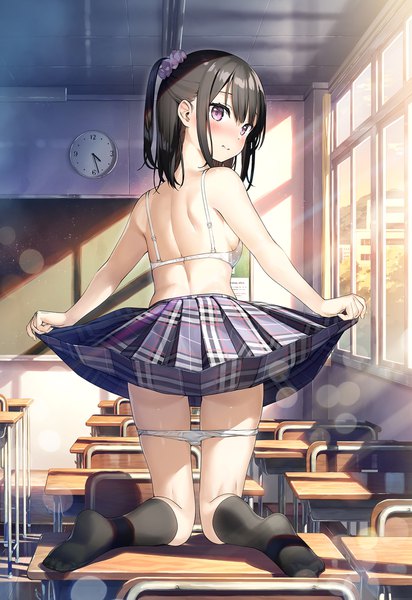 Anime picture 1376x2000 with original shizuku (kantoku) kantoku single tall image blush fringe short hair breasts light erotic black hair bare shoulders payot full body indoors head tilt pleated skirt pink eyes looking back from behind