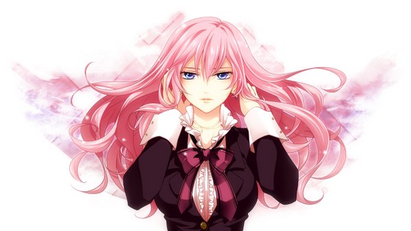 Anime picture 1280x720 with vocaloid megurine luka jyuru single long hair looking at viewer fringe hair between eyes wide image white background pink hair upper body wallpaper adjusting hair girl frills bowtie sleeve cuffs