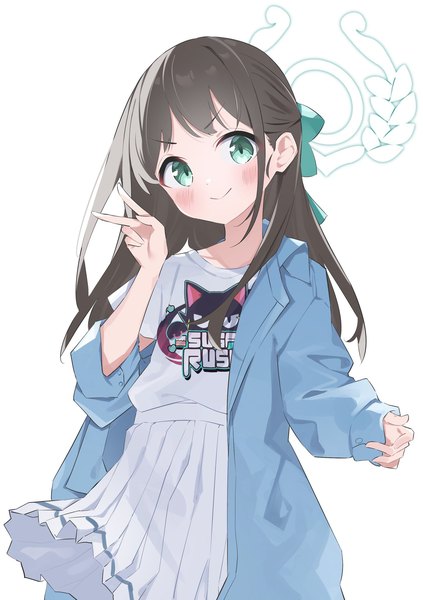 Anime picture 1443x2048 with blue archive airi (blue archive) airi (band) (blue archive) suta0822 single long hair tall image looking at viewer blush simple background smile brown hair white background pleated skirt aqua eyes official alternate costume victory half updo girl skirt