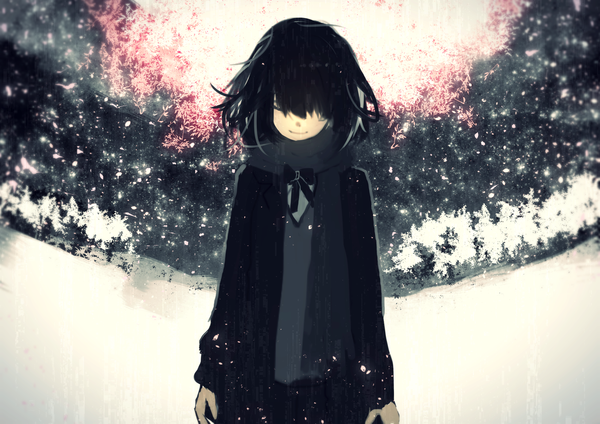 Anime picture 1771x1254 with original tarbo (exxxpiation) single fringe highres short hair black hair smile standing eyes closed hair over one eye snowing winter snow girl plant (plants) tree (trees) scarf