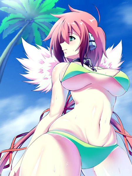 Anime picture 1200x1600 with sora no otoshimono ikaros ikamochi kalong single long hair tall image blush fringe breasts light erotic hair between eyes large breasts standing green eyes payot looking away pink hair sky cloud (clouds) outdoors