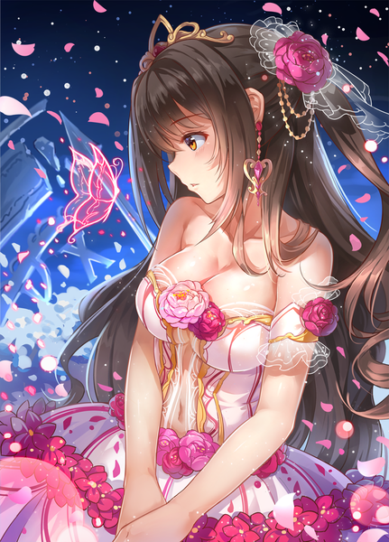 Anime picture 1000x1390 with idolmaster idolmaster cinderella girls shimamura uzuki miazi single long hair tall image blush fringe breasts brown hair large breasts bare shoulders yellow eyes looking away cleavage parted lips profile hair flower one side up