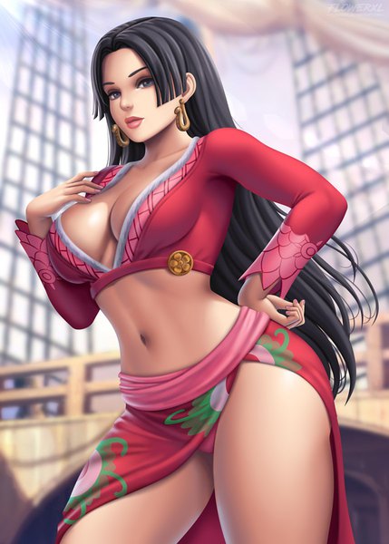 Anime picture 643x900 with one piece toei animation boa hancock flowerxl single long hair tall image looking at viewer breasts blue eyes light erotic black hair large breasts standing signed cleavage outdoors long sleeves nail polish arm up