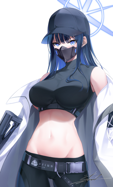 Anime picture 1200x1985 with blue archive saori (blue archive) shuvi (shuvi1125) single long hair tall image fringe breasts blue eyes light erotic black hair simple background large breasts standing white background signed looking away open clothes midriff groin