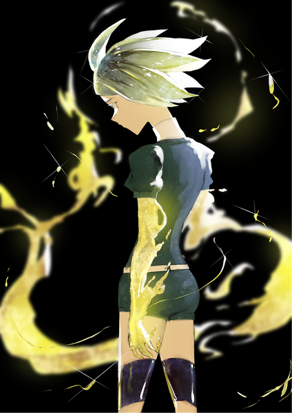 Anime picture 1052x1488 with houseki no kuni phosphophyllite ryein single tall image short hair simple background yellow eyes silver hair sparkle puffy sleeves black background androgynous spoilers shorts short shorts