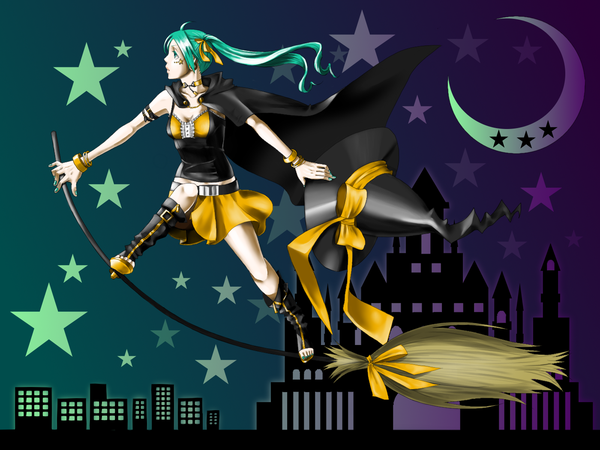 Anime picture 1400x1050 with vocaloid hatsune miku black kitey single long hair twintails full body ahoge nail polish profile aqua hair halloween hat removed headwear removed girl skirt hat miniskirt star (symbol) cape