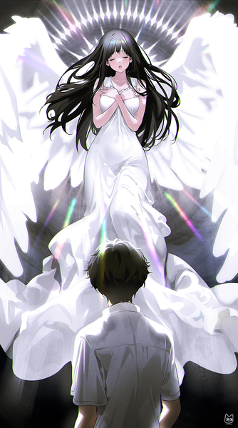 Anime picture 1500x2698 with hyouka kyoto animation chitanda eru oreki houtarou mery (yangmalgage) long hair tall image blush fringe open mouth black hair eyes closed from behind lens flare hand on chest light crossed arms angel wings white wings angel