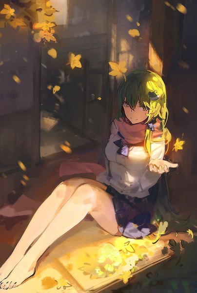 Anime picture 646x960 with touhou kochiya sanae kishiyo single long hair tall image looking at viewer fringe smile hair between eyes sitting green eyes bent knee (knees) barefoot green hair bare legs outstretched hand girl skirt hair ornament