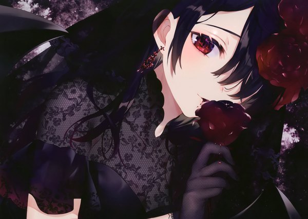 Anime picture 2964x2111 with original achiki single long hair looking at viewer blush fringe highres black hair red eyes upper body hair flower scan hair over one eye sparkle dutch angle fishnet girl gloves flower (flowers)