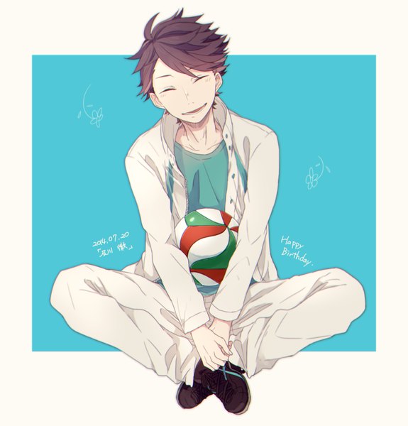 Anime picture 1000x1044 with haikyuu!! production i.g ooikawa tooru o-ishi single tall image short hair simple background brown hair sitting full body eyes closed dated blue background ^ ^ happy birthday indian style boy uniform gym uniform