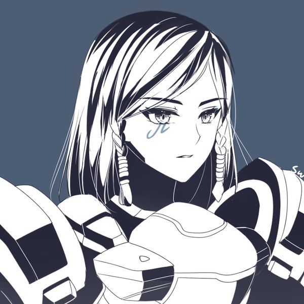 Anime picture 835x835 with overwatch blizzard entertainment pharah (overwatch) atobesakunolove single long hair fringe simple background looking away upper body parted lips tattoo facial mark monochrome portrait dark background eyebrows girl armor hair tubes