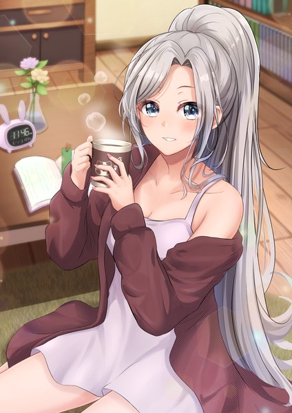 Anime picture 2894x4093 with d4dj niijima ibuki yuzu ponzu (vgah7445) single long hair tall image looking at viewer blush highres breasts smile sitting bare shoulders payot ponytail indoors parted lips grey hair off shoulder open jacket