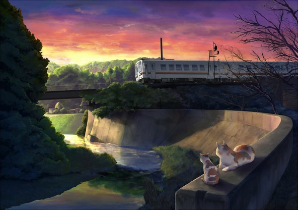 Anime picture 1116x789 with original akama zenta sky cloud (clouds) sunlight evening sunset no people landscape scenic river plant (plants) animal tree (trees) cat bridge train railways railroad tracks