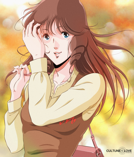 Anime picture 1022x1200 with macross the super dimension fortress macross hayase misa waeba yuusee single long hair tall image looking at viewer fringe breasts blue eyes smile brown hair standing holding signed upper body parted lips floating hair drill hair