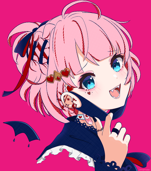Anime picture 1920x2160 with vocaloid virtual youtuber nijisanji vampire (vocaloid) asahina akane (nijisanji) mugimugigo single tall image looking at viewer highres open mouth blue eyes simple background pink hair upper body ahoge nail polish :d piercing ear piercing