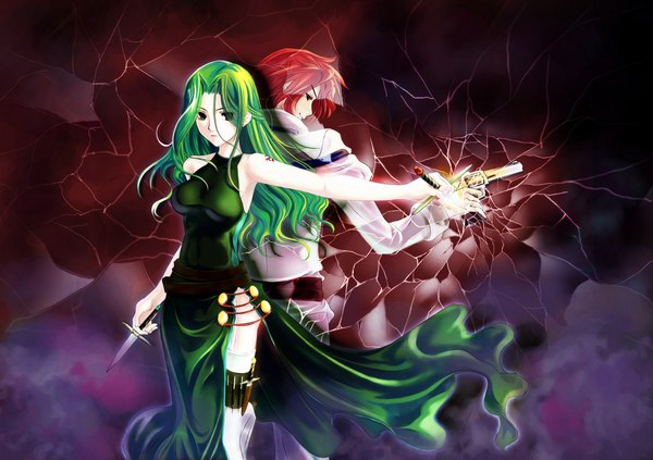 Anime picture 1158x818 with super robot wars lamia loveless axel almer st.microscope long hair short hair red eyes standing bare shoulders green eyes red hair profile green hair from behind tattoo sleeveless couple light dark background wavy hair
