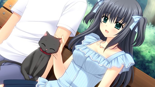 Anime picture 1280x720 with shuffle! yae sakura (shuffle!) long hair blush open mouth blue eyes black hair wide image twintails game cg short twintails girl cat sundress