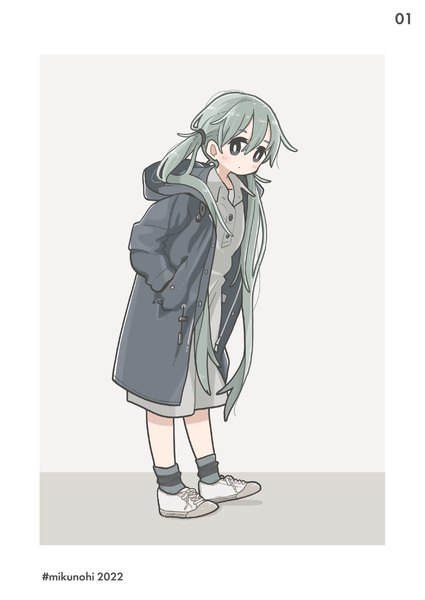 Anime picture 1450x2048 with vocaloid hatsune miku east sha2 single tall image looking at viewer fringe simple background hair between eyes standing twintails full body long sleeves very long hair green hair black eyes grey background open jacket border hands in pockets