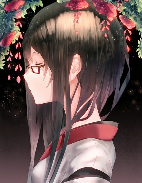 Anime-Bild 702x900 mit original hadean92 single long hair tall image fringe brown hair eyes closed traditional clothes japanese clothes profile shadow gradient background black background portrait dark background shiny girl flower (flowers) glasses
