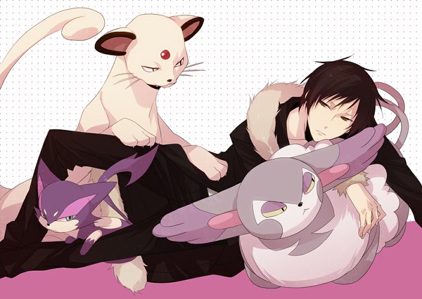 Anime picture 1126x800 with pokemon durarara!! nintendo brains base (studio) orihara izaya purrloin persian purugly xia (ryugo) short hair black hair brown eyes crossover gen 4 pokemon gen 5 pokemon boy animal pokemon (creature)