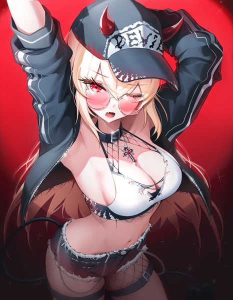 Anime picture 2870x3698 with original kira (kira78718520) single long hair tall image looking at viewer fringe highres breasts open mouth light erotic simple background blonde hair hair between eyes red eyes large breasts cleavage tail one eye closed horn (horns)