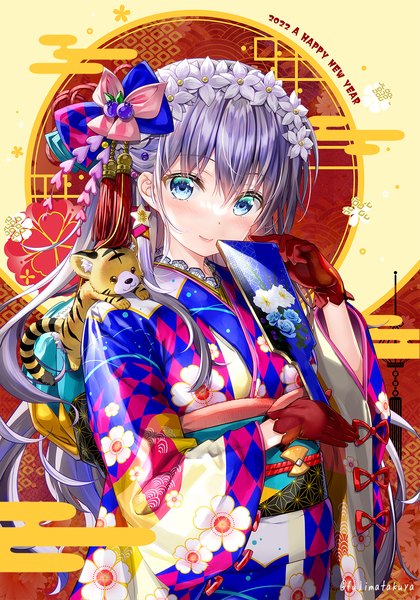 Anime picture 1033x1475 with original fujima takuya single long hair tall image looking at viewer fringe blue eyes smile hair between eyes silver hair traditional clothes japanese clothes new year happy new year animal on shoulder 2022 egasumi girl gloves