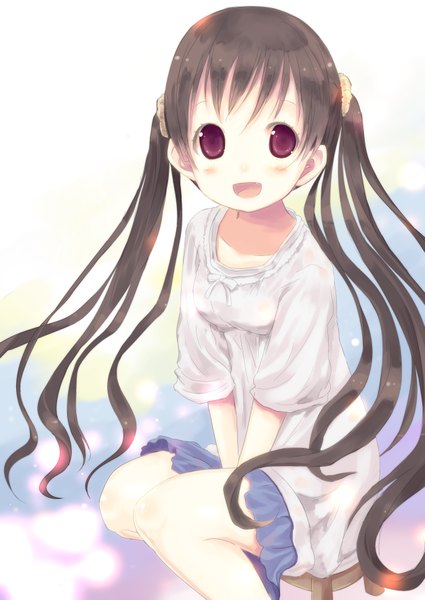 Anime picture 2507x3541 with original shiro (octet) single long hair tall image looking at viewer blush fringe highres open mouth red eyes brown hair twintails bent knee (knees) loli girl