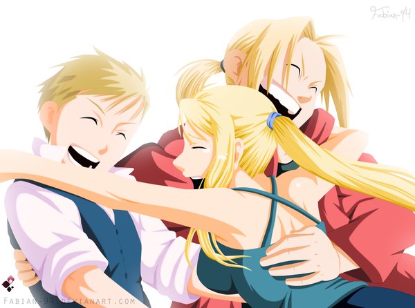 Anime picture 1800x1338 with fullmetal alchemist brotherhood edward elric alphonse elric winry rockbell fabiansm long hair highres short hair open mouth blonde hair smile white background ponytail eyes closed profile hug tears coloring happy girl
