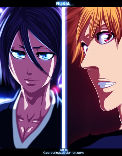 Anime picture 800x1020 with bleach studio pierrot kurosaki ichigo kuchiki rukia igeerr tall image short hair blue eyes smile purple hair traditional clothes japanese clothes pink eyes looking back orange hair inscription coloring close-up face multiview