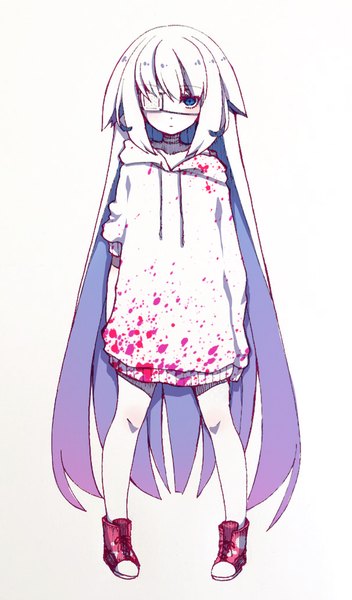 Anime picture 2404x4093 with original yuu (shiro yurine) shiro yurine single tall image looking at viewer blush fringe highres blue eyes simple background standing white background full body white hair very long hair long sleeves white skin blood stains girl