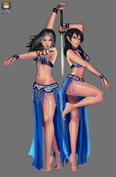 Anime picture 902x1368 with pathfinder (rpg) ameiko kaijitsu thalia andares kyoffie12 long hair tall image light erotic black hair simple background multiple girls brown eyes pointy ears black eyes mole tattoo legs dark background girl navel weapon