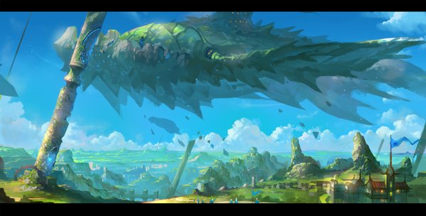 Anime picture 2000x1016 with original pixiv fantasia pixiv fantasia sword regalia fom (lifotai) highres wide image sky cloud (clouds) city letterboxed mountain landscape scenic giant flag aircraft airship