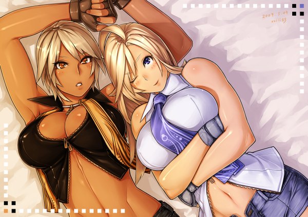 Anime picture 1403x991 with 23 (real xxiii) long hair looking at viewer blush short hair breasts blue eyes light erotic blonde hair smile large breasts multiple girls signed lying one eye closed wink armpit (armpits) orange eyes dark skin crossed arms