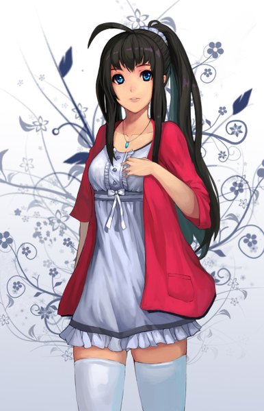 Anime picture 800x1242 with original nuclear warhead (anti) single long hair tall image looking at viewer blue eyes black hair ahoge ponytail zettai ryouiki girl thighhighs dress white thighhighs