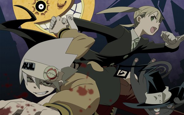 Anime picture 1920x1200 with soul eater studio bones maka albarn soul eater evans highres wide image spiked hair moon cat tagme