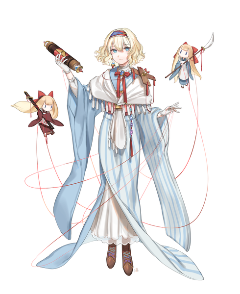 Anime picture 3200x3920 with touhou alice margatroid shanghai shan single tall image looking at viewer fringe highres short hair blue eyes simple background blonde hair hair between eyes standing white background holding absurdres full body long sleeves