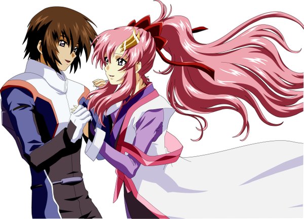 Anime picture 2500x1801 with mobile suit gundam gundam seed destiny sunrise (studio) lacus clyne kira yamato long hair highres short hair simple background brown hair white background pink hair ponytail grey eyes couple holding hands girl boy hair ornament hairclip