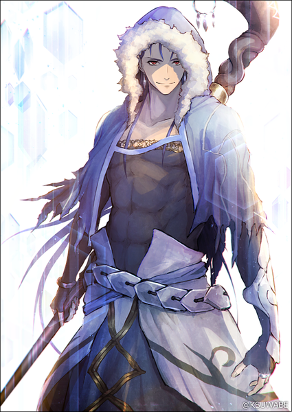 Anime picture 629x888 with fate (series) fate/grand order cu chulainn (fate) cu chulainn (fate/grand order) k-suwabe single long hair tall image looking at viewer fringe simple background smile red eyes standing white background holding signed blue hair fur trim muscle
