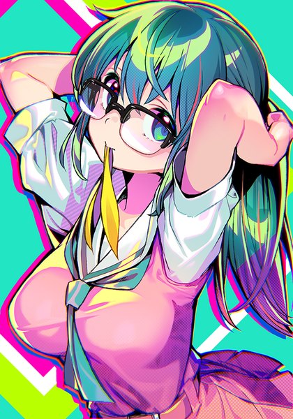 Anime picture 650x928 with dohna dohna medico (dohna dohna) shunin single long hair tall image looking at viewer fringe breasts blue eyes simple background holding upper body multicolored hair green hair arms up official art short sleeves streaked hair mouth hold