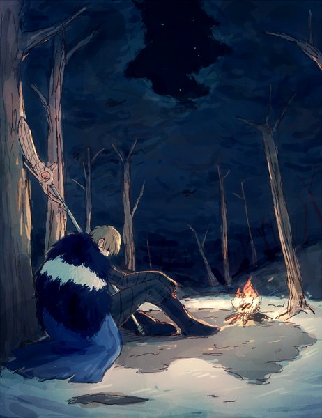 Anime picture 1000x1298 with fire emblem fire emblem: three houses nintendo dimitri alexandre blaiddyd mochikoyafe single tall image short hair blonde hair sitting cloud (clouds) full body night night sky bare tree against tree boy weapon plant (plants) tree (trees)