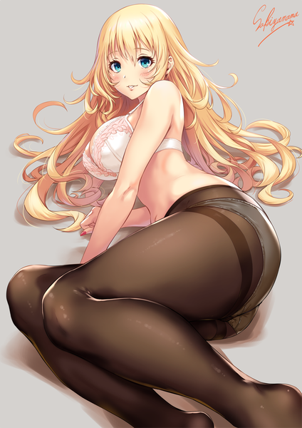 Anime picture 800x1131 with kantai collection atago heavy cruiser sakiyamama single long hair tall image looking at viewer blush fringe breasts blue eyes light erotic blonde hair simple background smile hair between eyes large breasts signed cleavage ass
