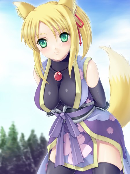 Anime picture 900x1200 with dog days yukikaze panettone hayami kyuuen single tall image looking at viewer blush short hair breasts light erotic blonde hair smile large breasts green eyes animal ears ponytail tail animal tail fox ears fox tail